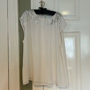 Ann Taylor flowy white sleeveless blouse with bedazzled silver accents size S